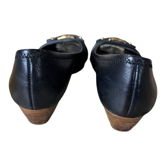 Tory Burch Black Leather Peep Toe Low Cork Wedges Size 8M - Picture 6 of 11